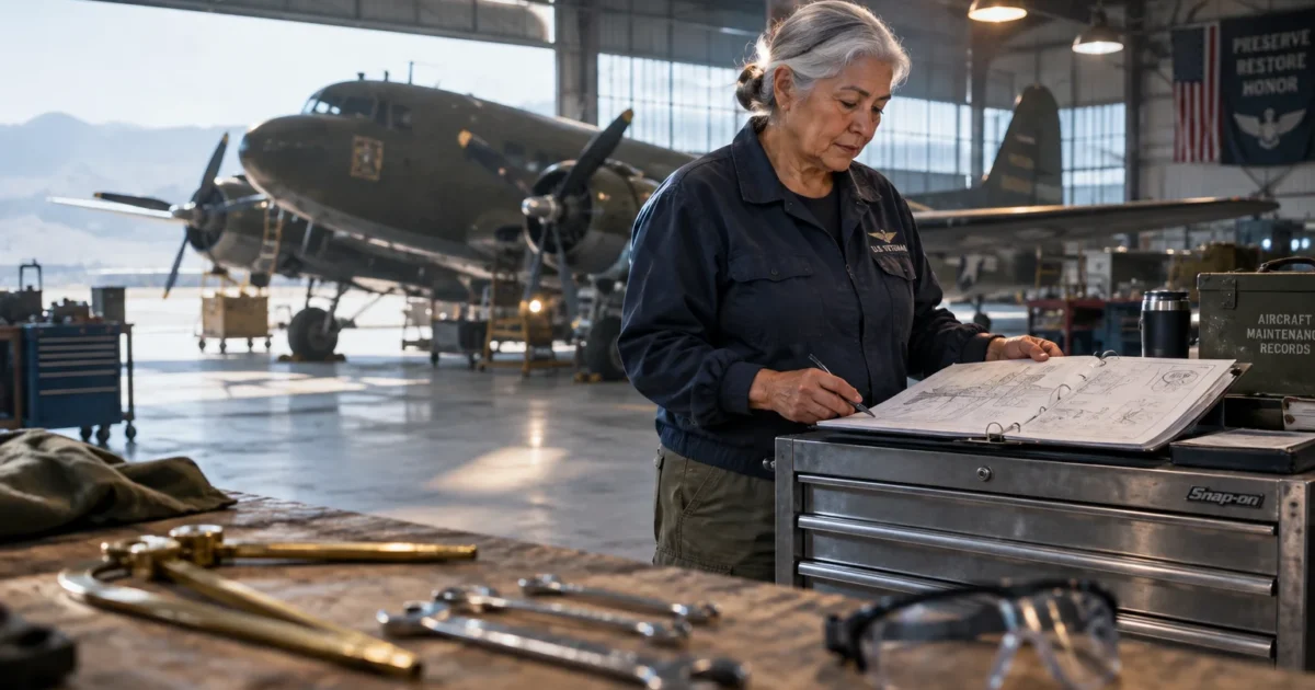 A senior woman reviews aircraft maintenance manuals on a metal toolbox inside a hangar housing vintage military airplanes.
