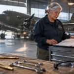 A senior woman reviews aircraft maintenance manuals on a metal toolbox inside a hangar housing vintage military airplanes.