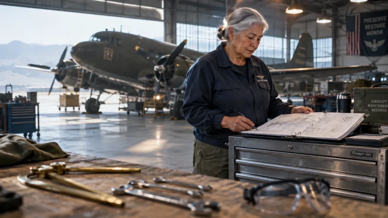 A senior woman reviews aircraft maintenance manuals on a metal toolbox inside a hangar housing vintage military airplanes.