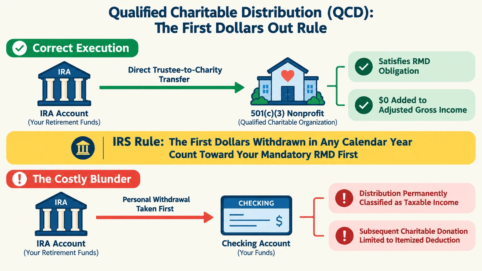 Flowchart comparing correct direct IRA qualified charitable distributions to charity against a costly personal withdrawal.