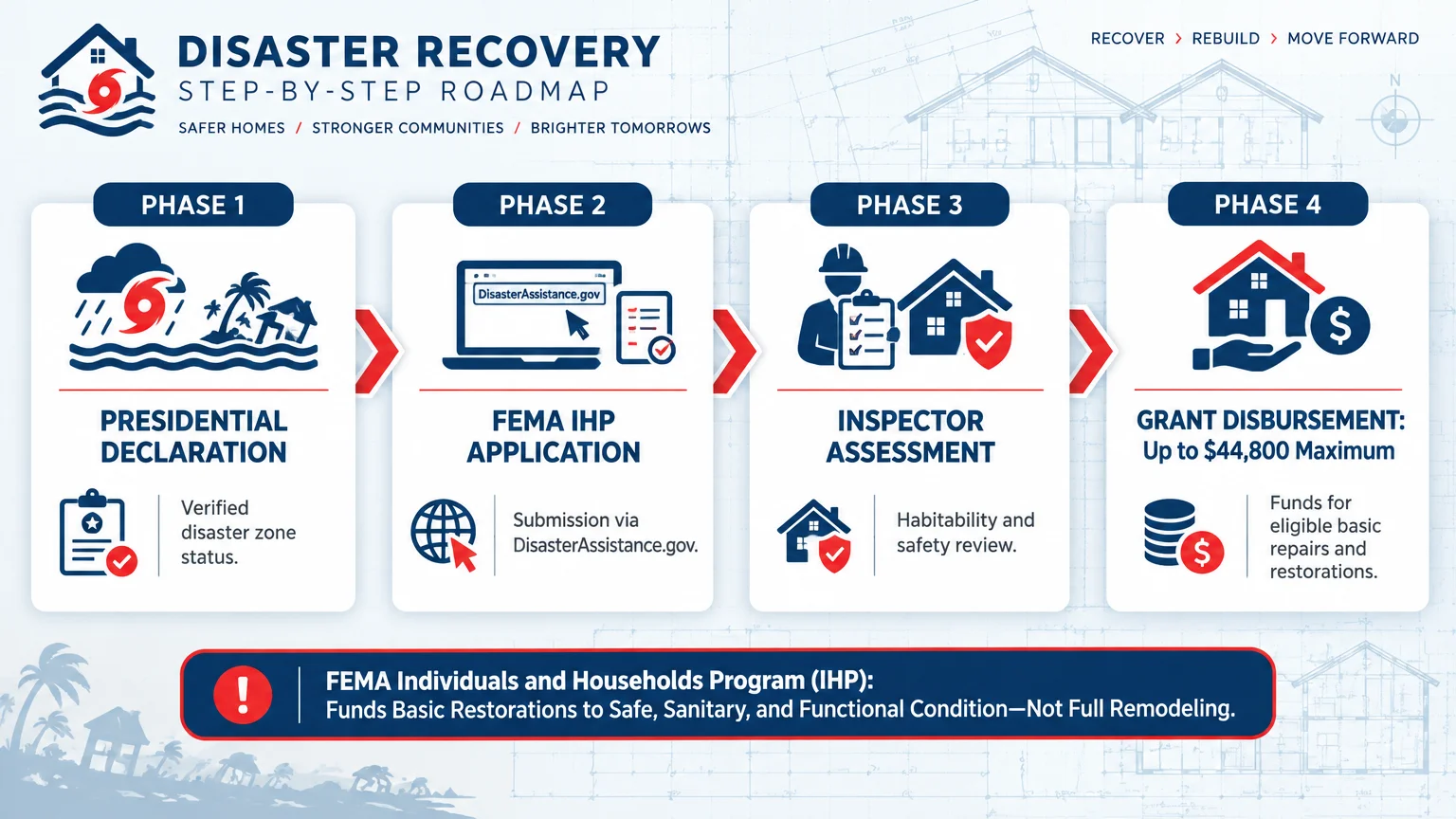 Disaster recovery step-by-step roadmap showing four phases from presidential declaration to grant disbursement up to $44,800.
