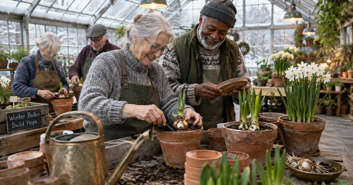 Senior adults potting flower bulbs together inside a greenhouse with snow visible through the windows.