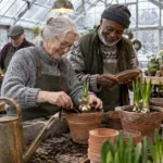 Senior adults potting flower bulbs together inside a greenhouse with snow visible through the windows.