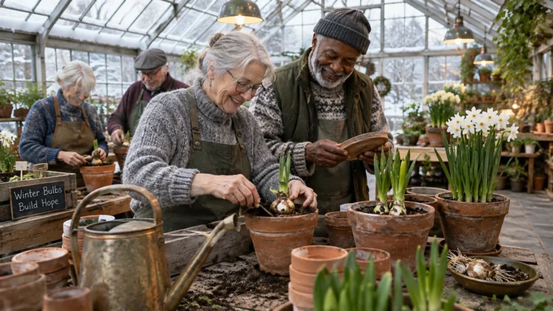 Senior adults potting flower bulbs together inside a greenhouse with snow visible through the windows.