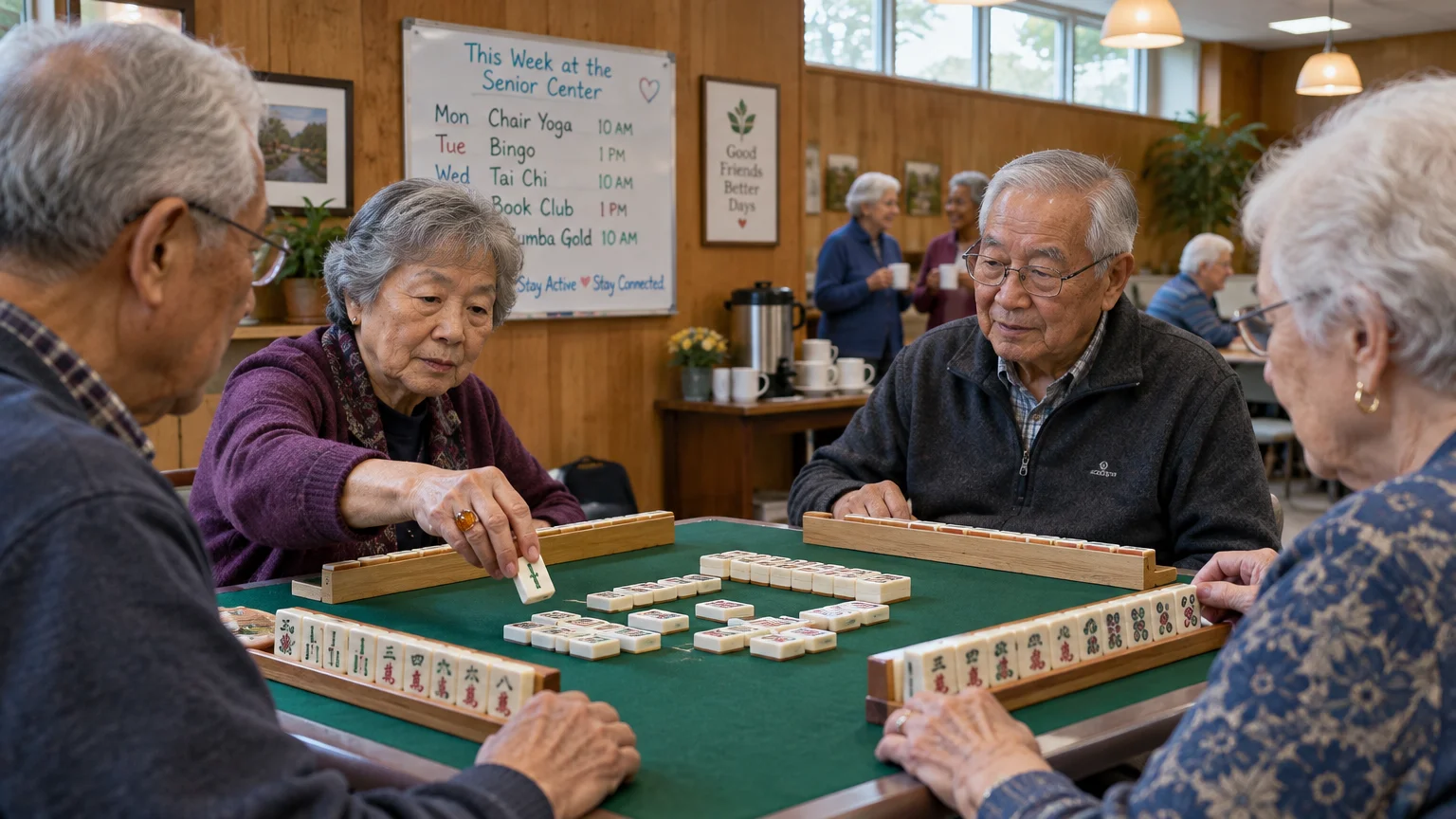Four senior adults sit around a square green table playing mahjong inside a community center activity room.
