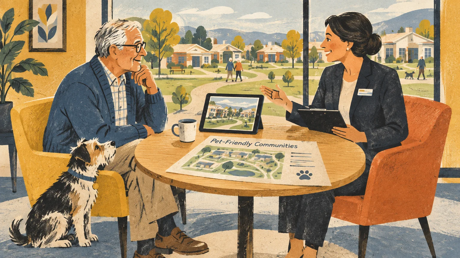 Illustration of an older man with his dog meeting an advisor at a table displaying community brochures.