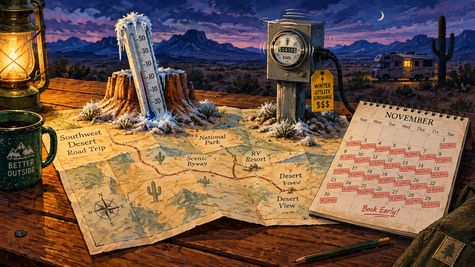 Illustration of a table with a road trip map, frozen thermometer, electric meter, and fully booked November calendar.