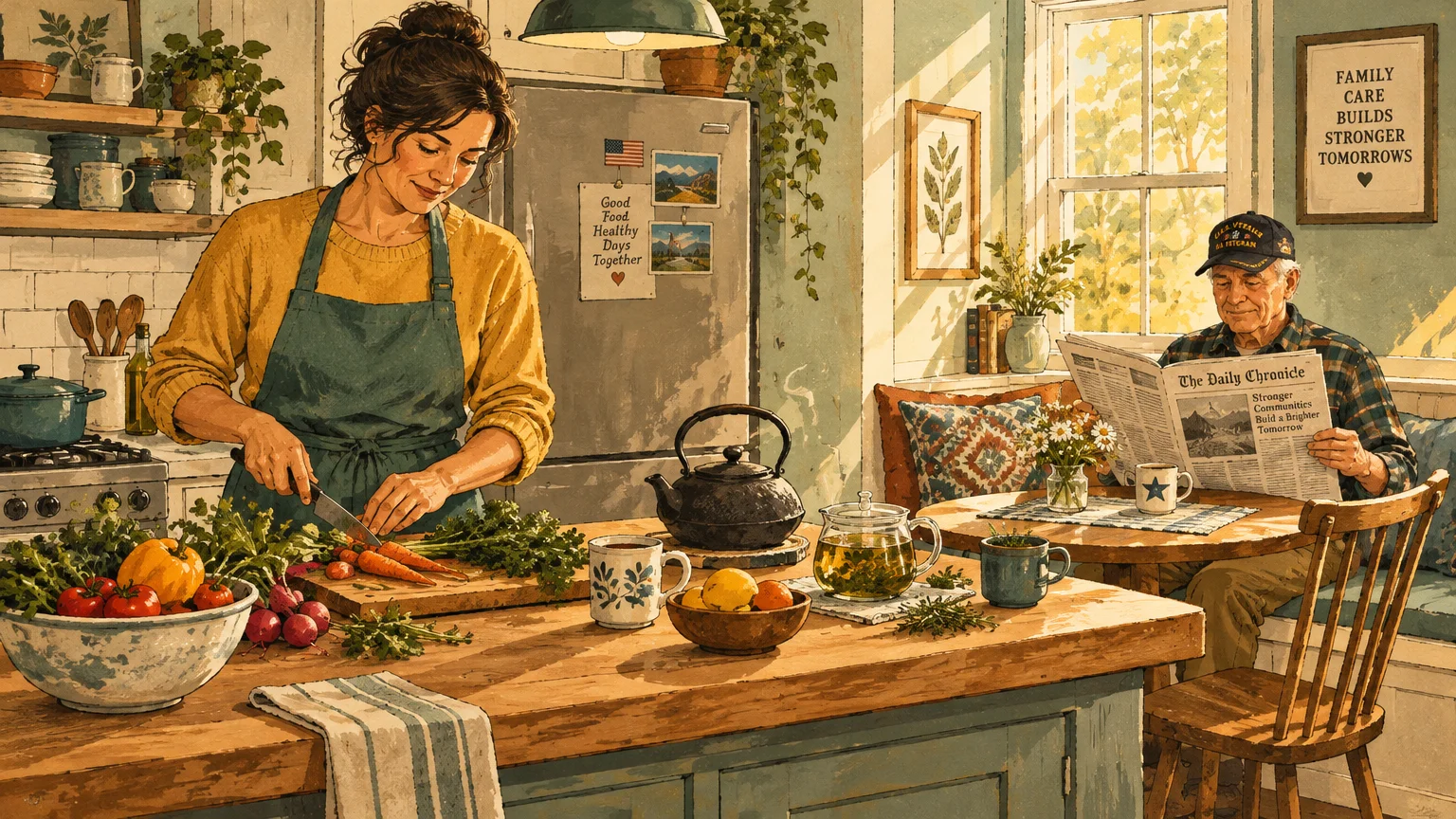 Illustration of a woman chopping vegetables in a sunny kitchen while an elderly man reads a newspaper at a table.