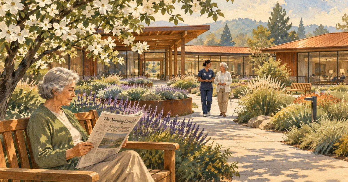 Watercolor of a senior woman reading on a bench in a sunny courtyard while a nurse walks with another resident.