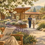 Watercolor of a senior woman reading on a bench in a sunny courtyard while a nurse walks with another resident.
