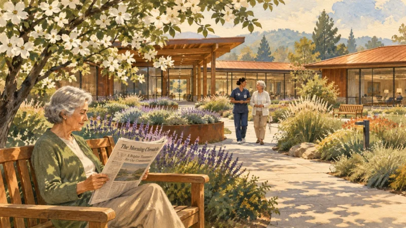 Watercolor of a senior woman reading on a bench in a sunny courtyard while a nurse walks with another resident.