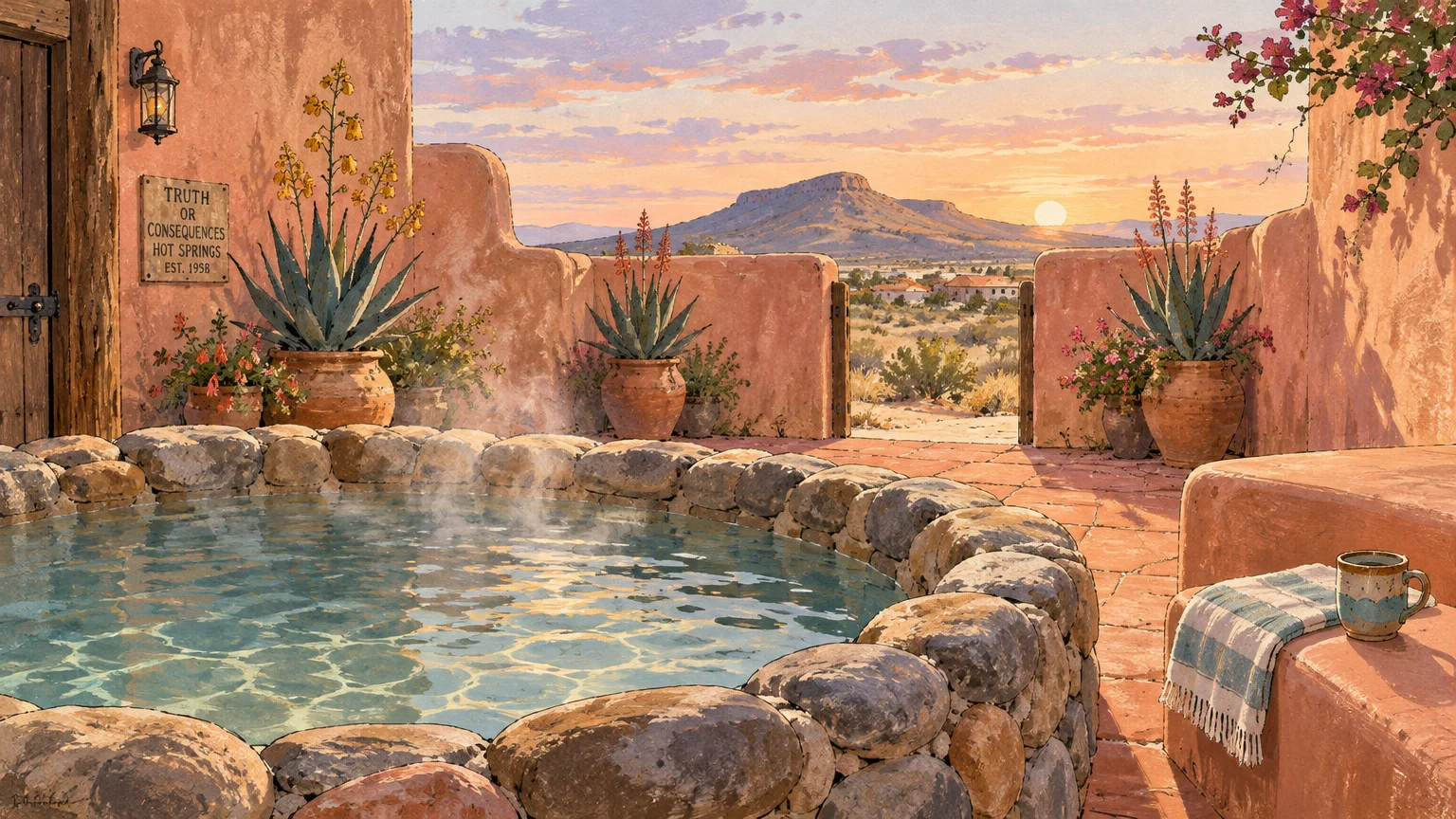 Steaming stone soaking tub on an adobe patio overlooking a desert mountain landscape at sunrise.