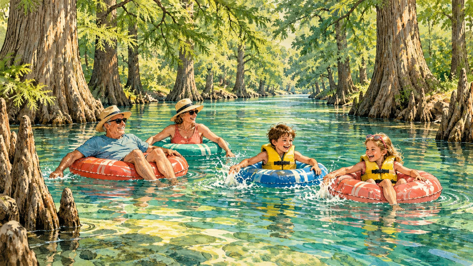 Grandparents and two young grandchildren float in colorful inner tubes down a clear river lined with cypress trees.