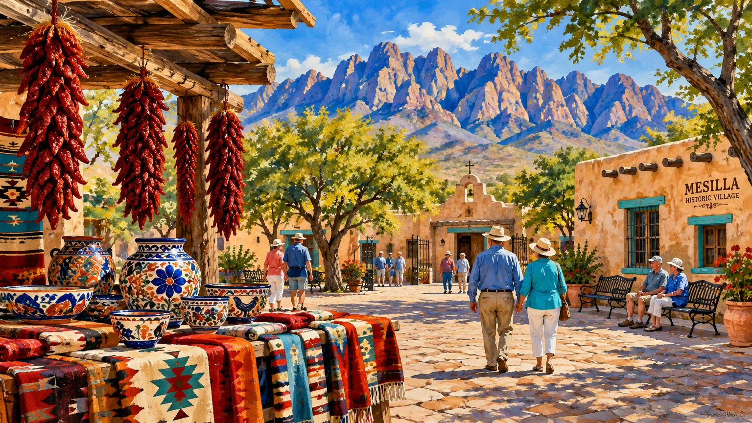 Illustration of an adobe plaza with hanging chile ristras, pottery, and visitors against rugged mountain peaks.