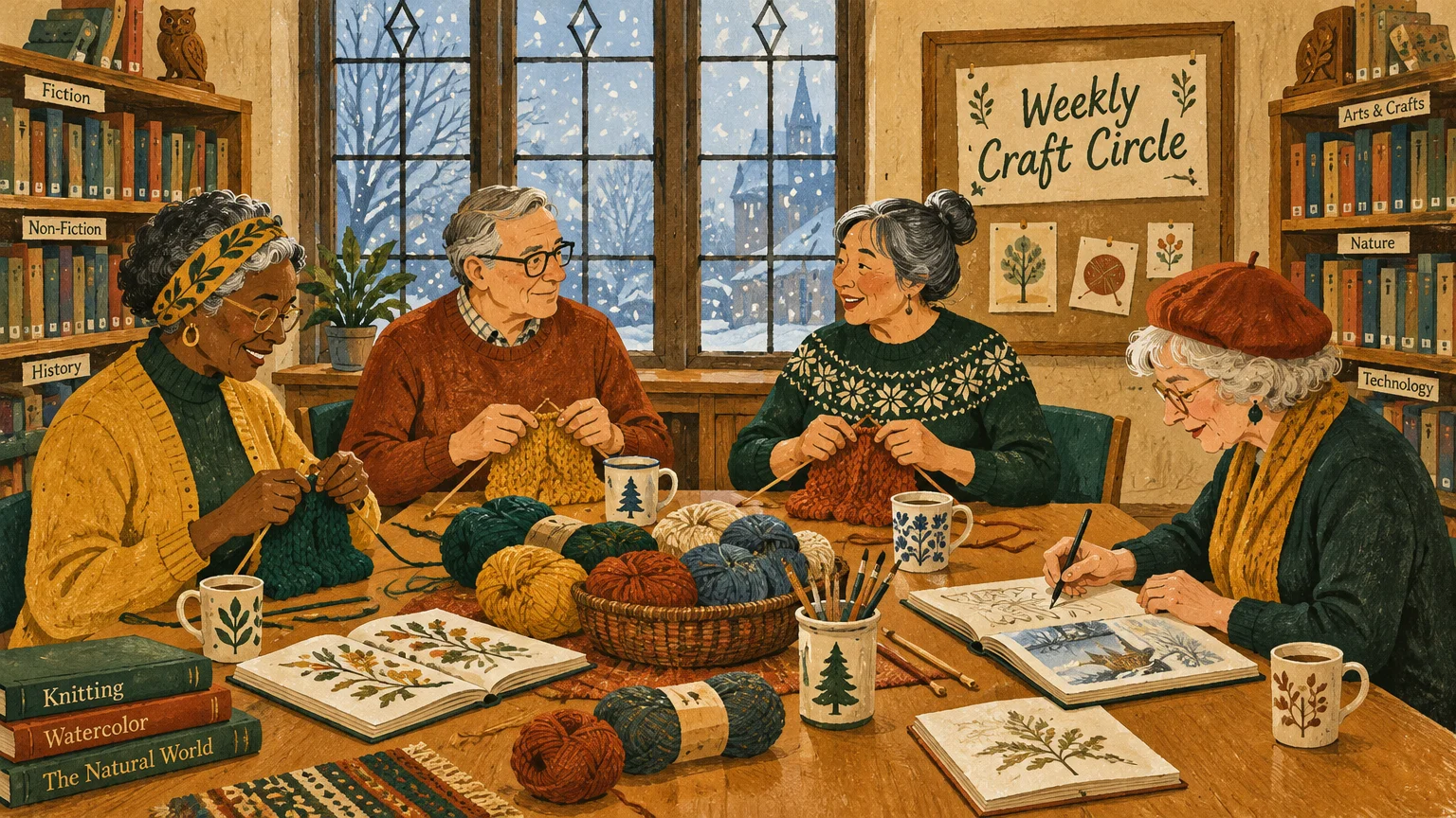 Four seniors sit around a wooden library table knitting and sketching by a snowy window under a craft circle sign.