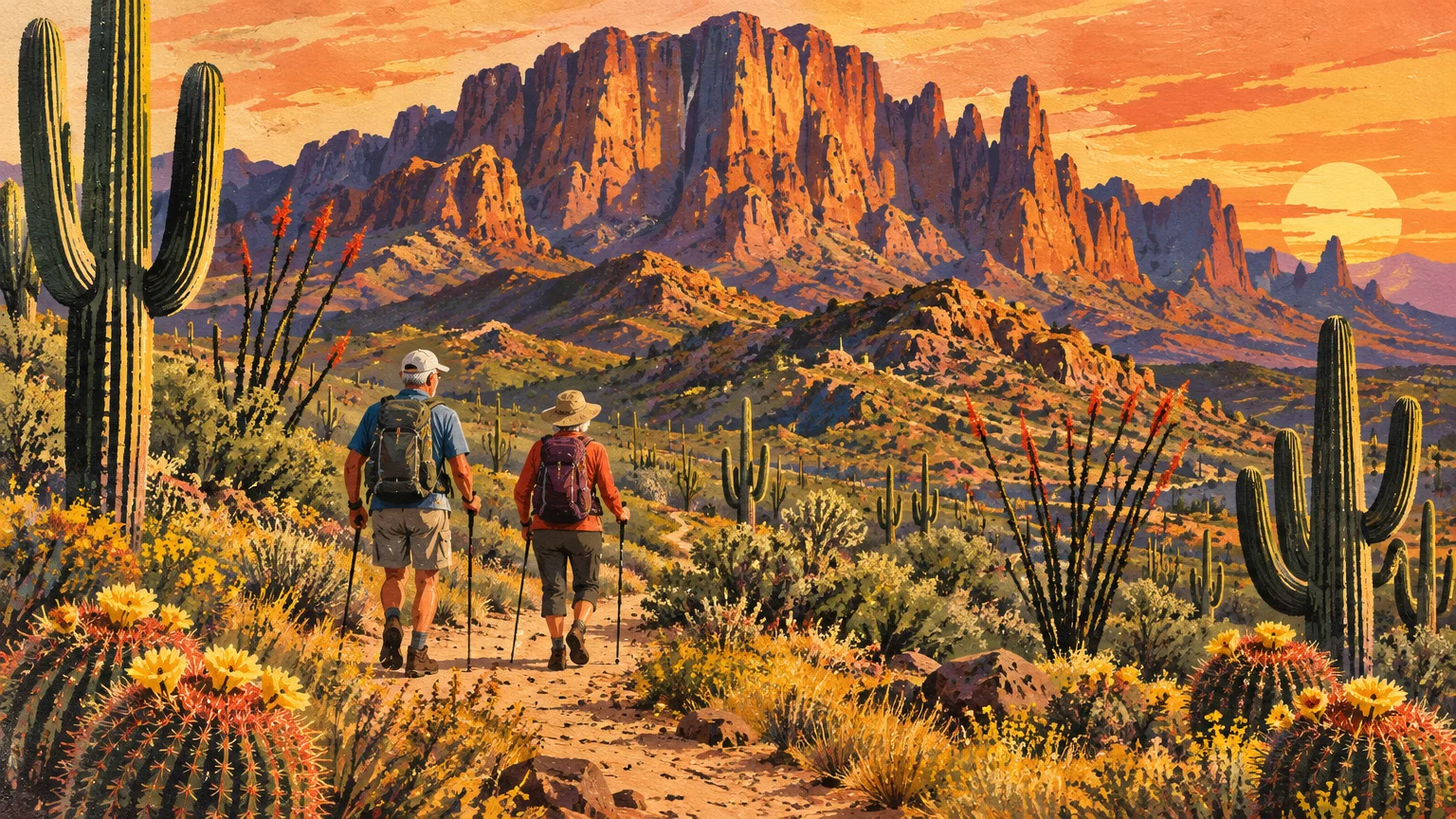 Illustration of two hikers with backpacks walking a desert path surrounded by saguaro cactus beneath rugged mountains.