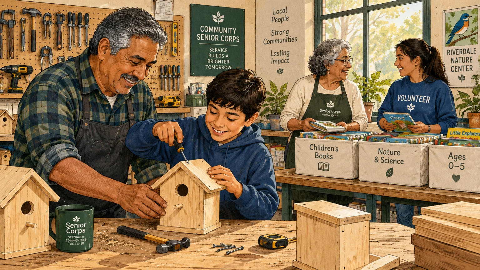 Older adults volunteering in a workshop, one teaching a boy woodworking while another organizes children's books.