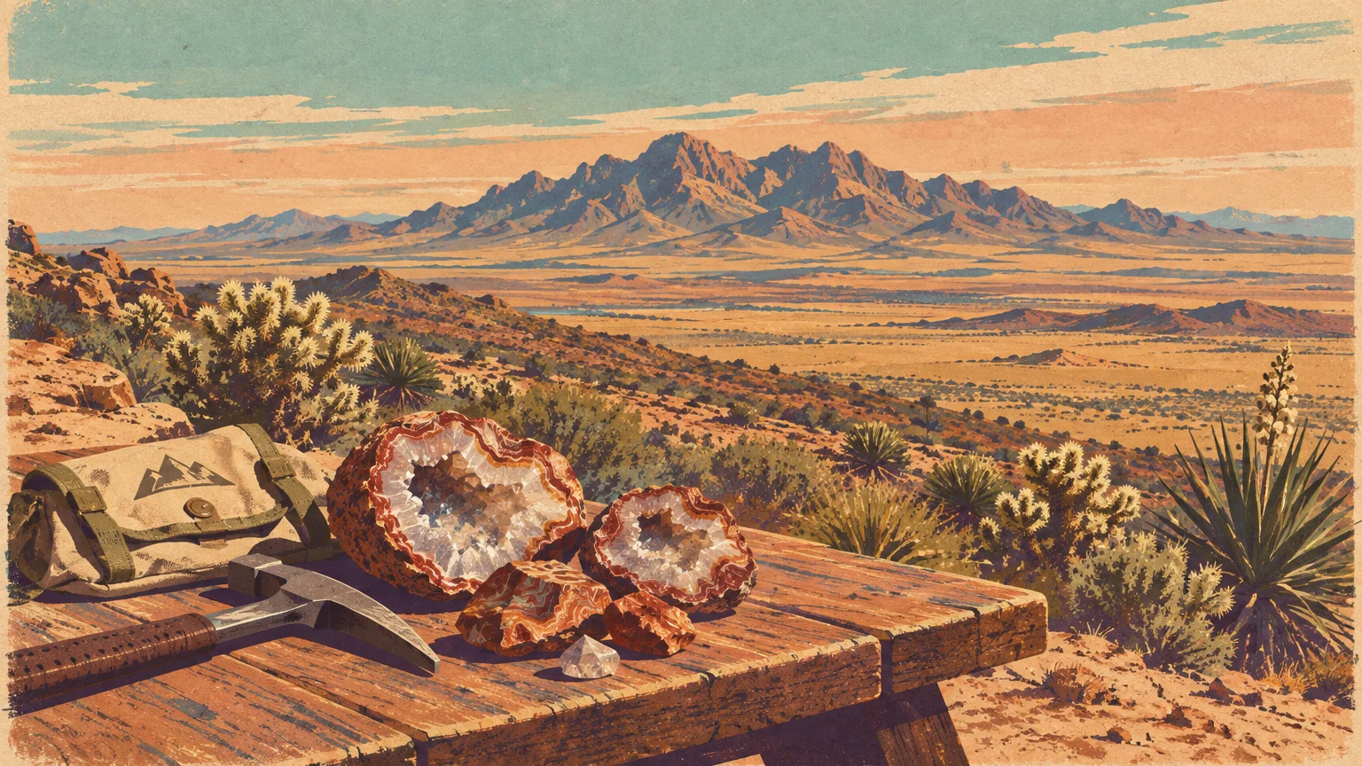 Illustration of cut geodes, a geological hammer, and a bag on a picnic table overlooking a vast desert and distant mountains.