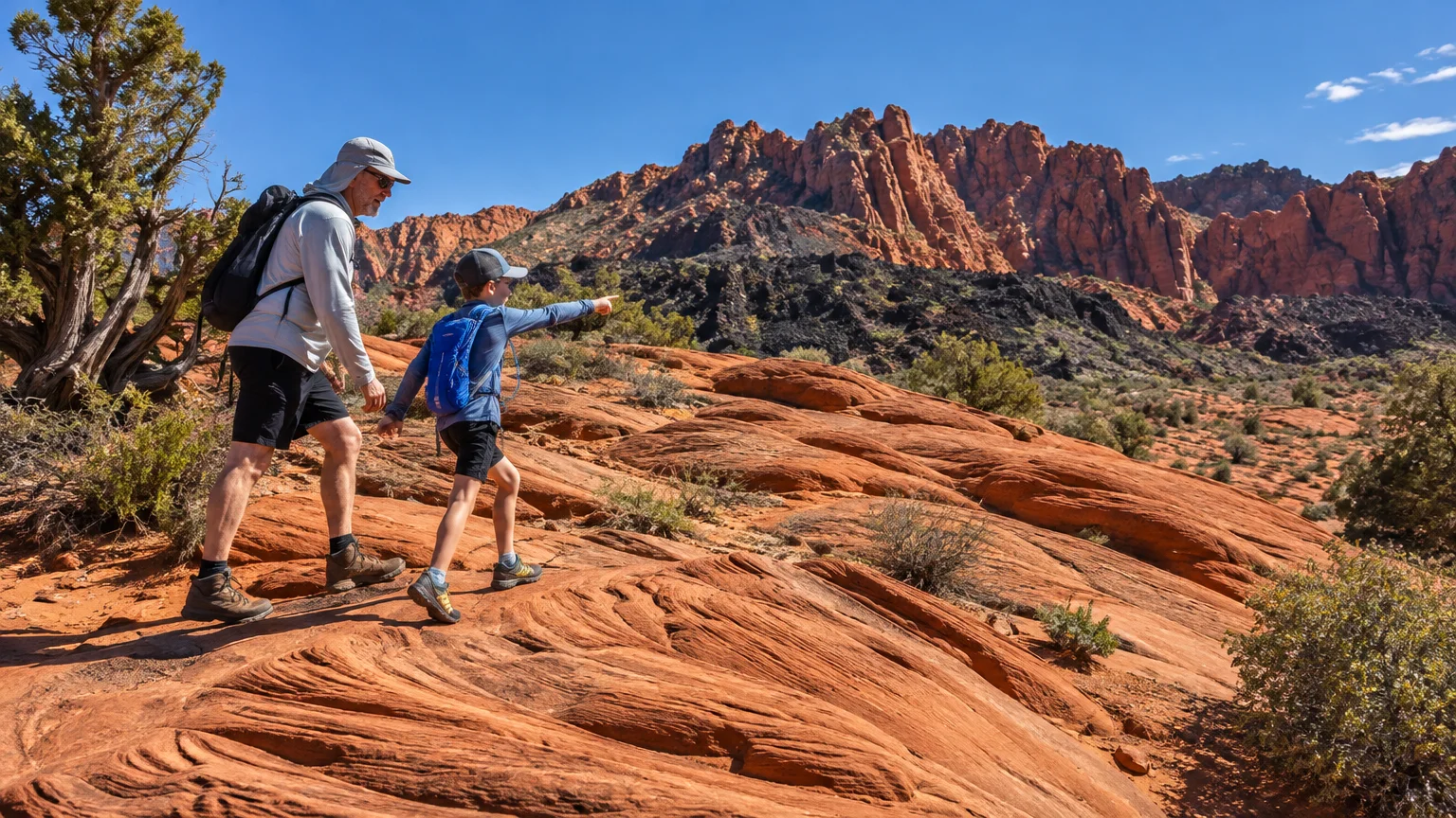 A man and a young boy with backpacks hike across red sandstone rock formations toward rugged red mountains under a blue sky.