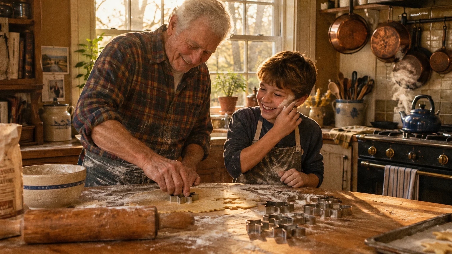 An older man and a young boy wearing aprons smile together while cutting star-shaped cookies from dough in a rustic kitchen.