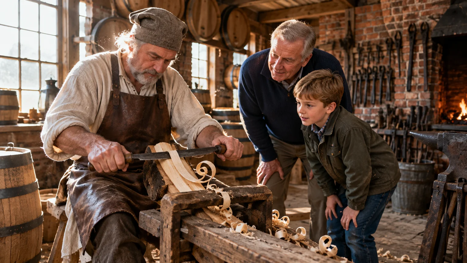 A man and boy watch a craftsman in colonial attire shave wood with a drawknife in a rustic workshop.