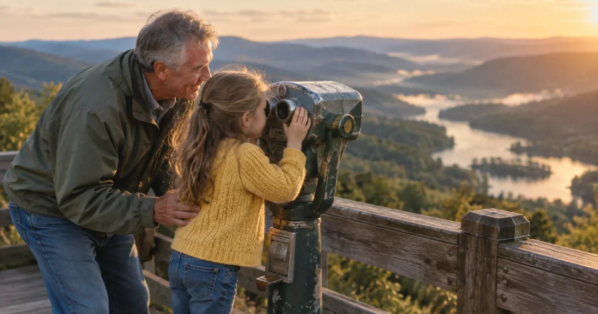 An older man helps a young girl look through coin-operated binoculars overlooking misty mountains and a winding river.