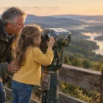 An older man helps a young girl look through coin-operated binoculars overlooking misty mountains and a winding river.