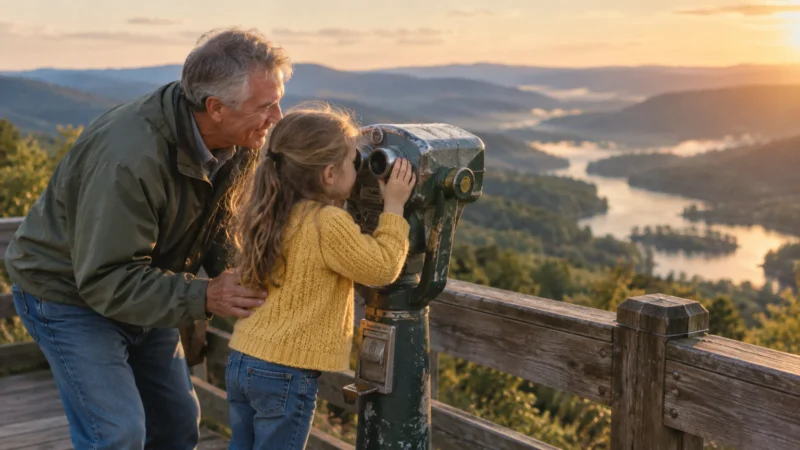 An older man helps a young girl look through coin-operated binoculars overlooking misty mountains and a winding river.
