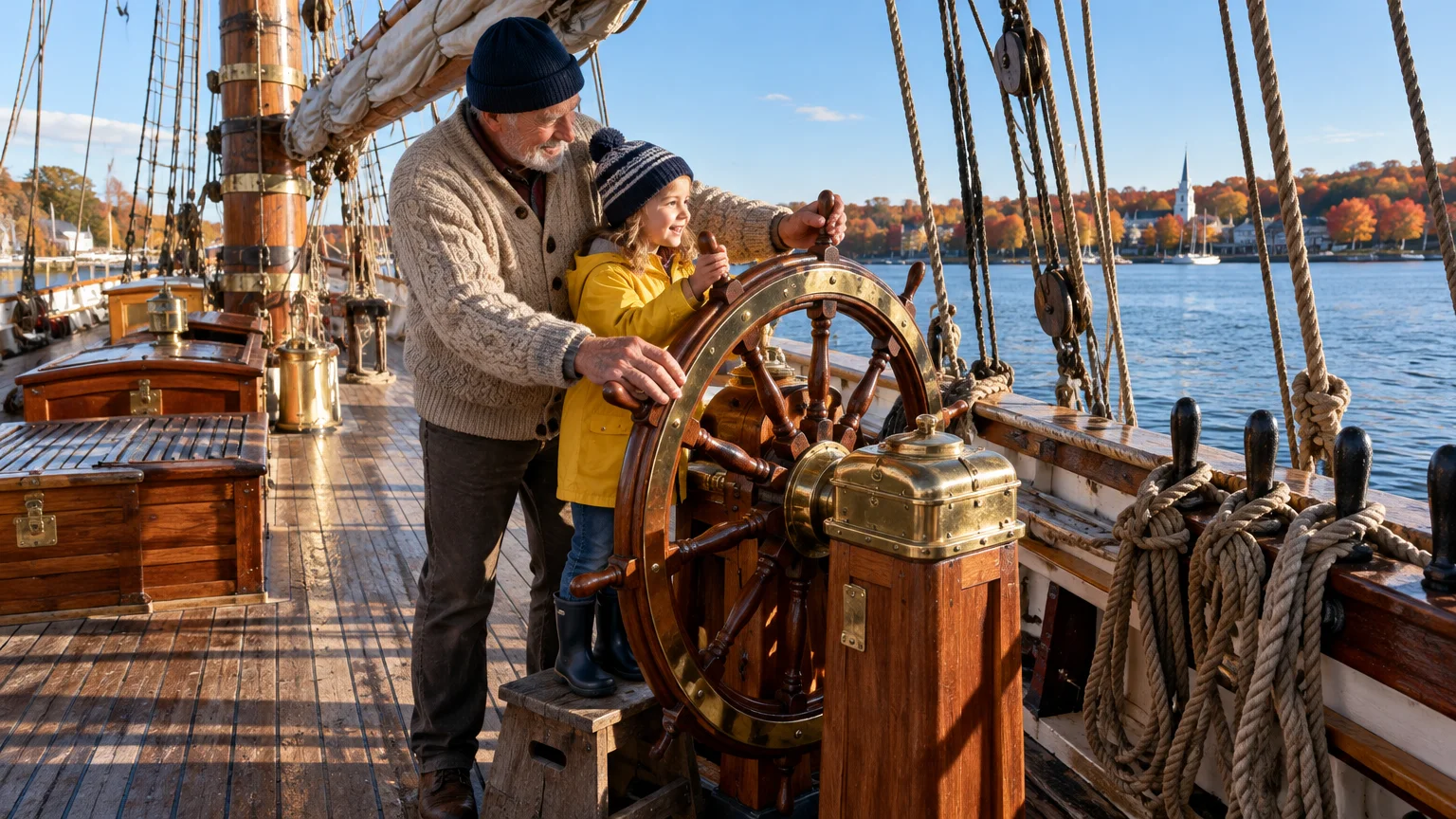 An older man and a young child in a yellow coat steer a wooden ship wheel on the deck of a tall ship.