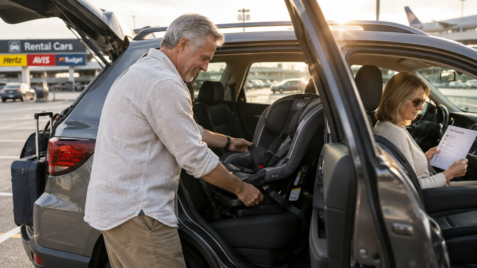 A man installs a car seat in the back of an SUV while a woman sits inside reading papers in a rental lot.