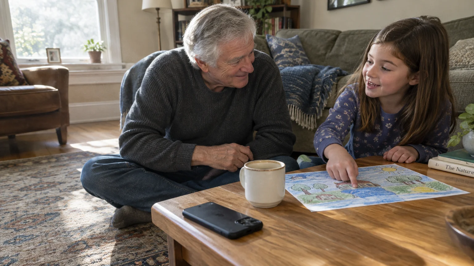 An older man and a young girl sit on a living room rug looking at a colorful drawing on a coffee table.