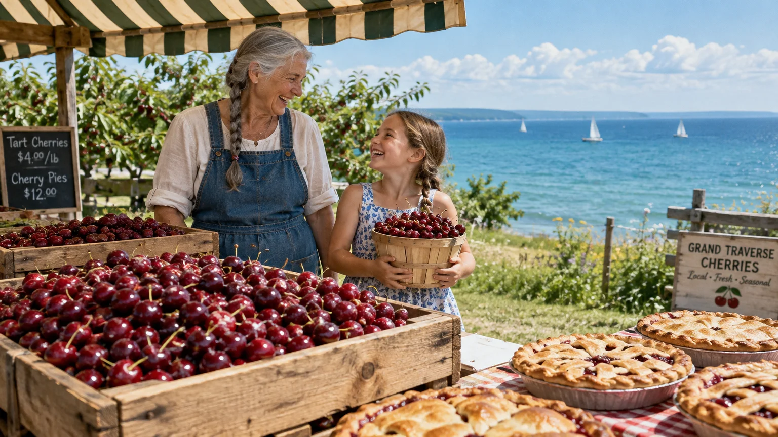 An older woman and a young girl smile at an outdoor fruit stand with crates of cherries, pies, and the bay in the background.