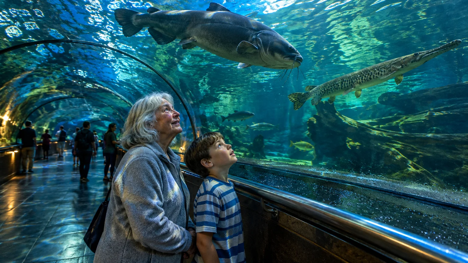 An older woman and a young boy look up at large fish swimming overhead inside an underwater aquarium tunnel.