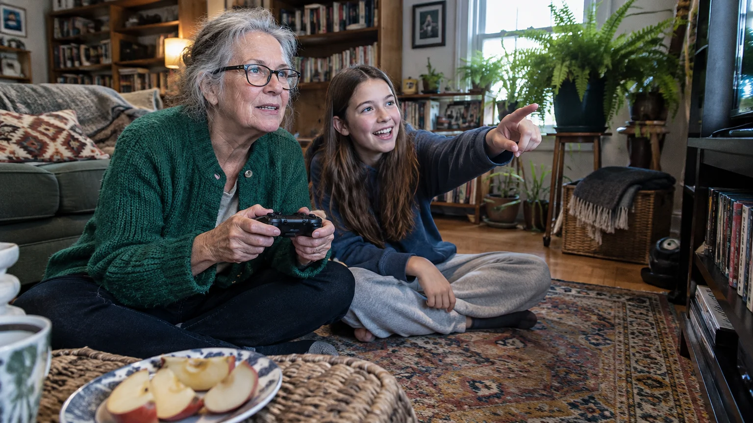 An older woman holds a game controller while sitting on a rug beside a smiling girl pointing toward a screen.