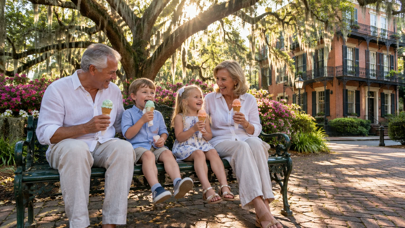 Grandparents and two young grandchildren sit on a park bench eating ice cream cones near historic brick buildings and mossy trees.