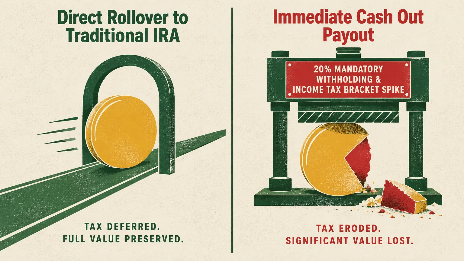 Split graphic showing a rolling gold coin intact under an arch versus a coin crushed under a press with a slice cut out.