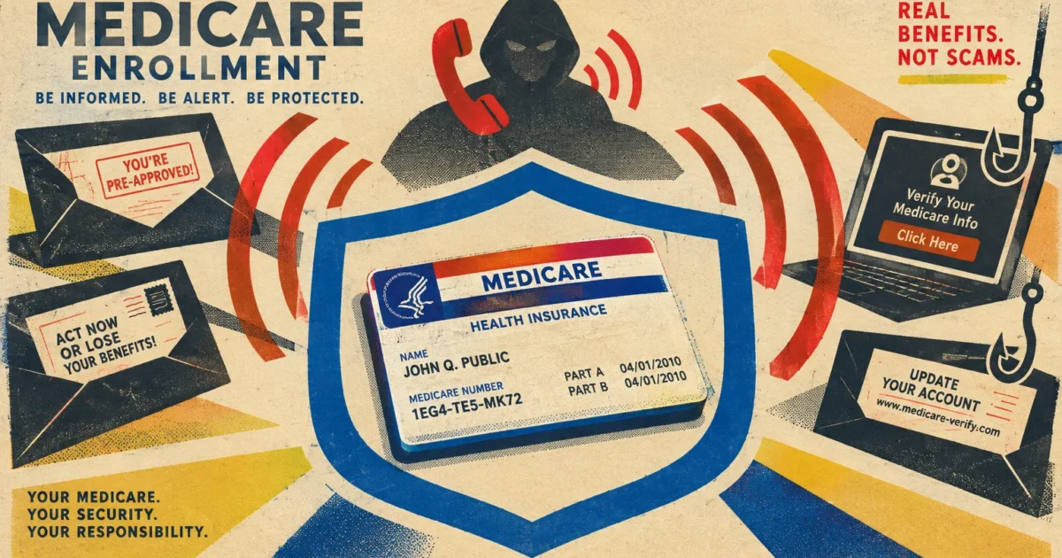Medicare card inside a shield surrounded by a hooded phone caller, fraudulent letters, and a laptop with a phishing hook.