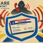 Medicare card inside a shield surrounded by a hooded phone caller, fraudulent letters, and a laptop with a phishing hook.