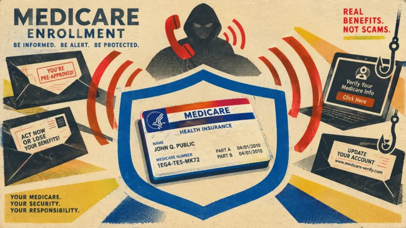 Medicare card inside a shield surrounded by a hooded phone caller, fraudulent letters, and a laptop with a phishing hook.