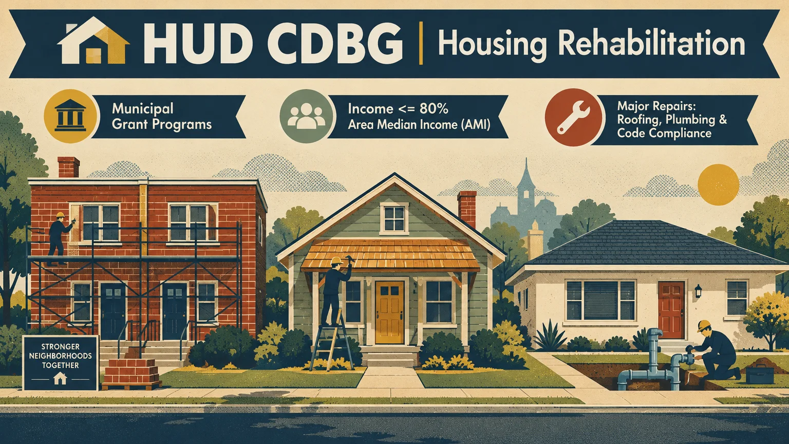 Illustration of workers repairing three houses below banner text reading HUD CDBG Housing Rehabilitation and program details.