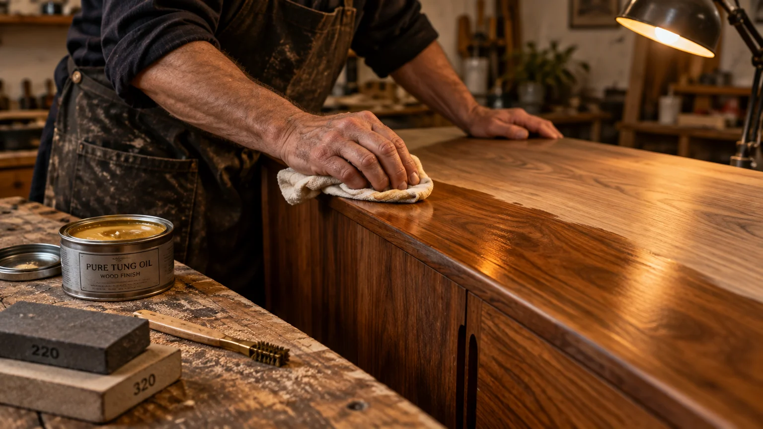 A woodworker applying tung oil finish with a cloth onto a wooden sideboard next to sanding blocks on a workbench.