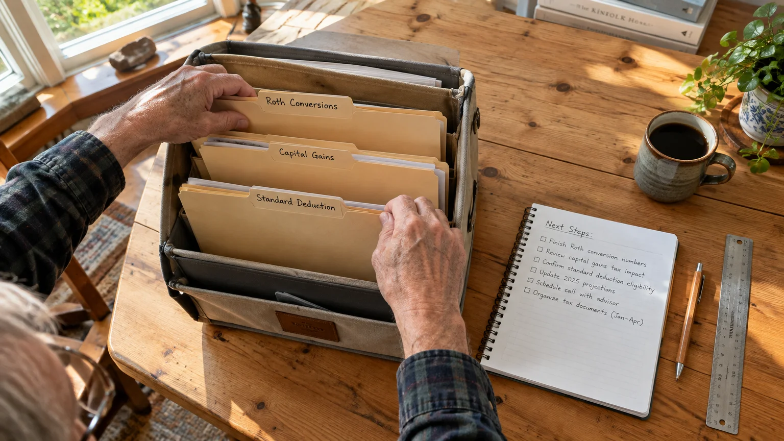 Person sorting labeled file folders in an organizer on a wooden desk next to a notebook with a checklist.