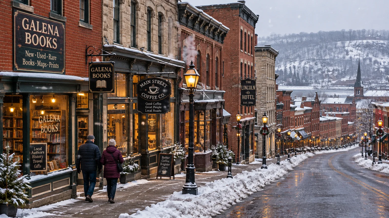 Historic brick storefronts and warm street lamps along a snowy Main Street descending toward a river valley in winter.