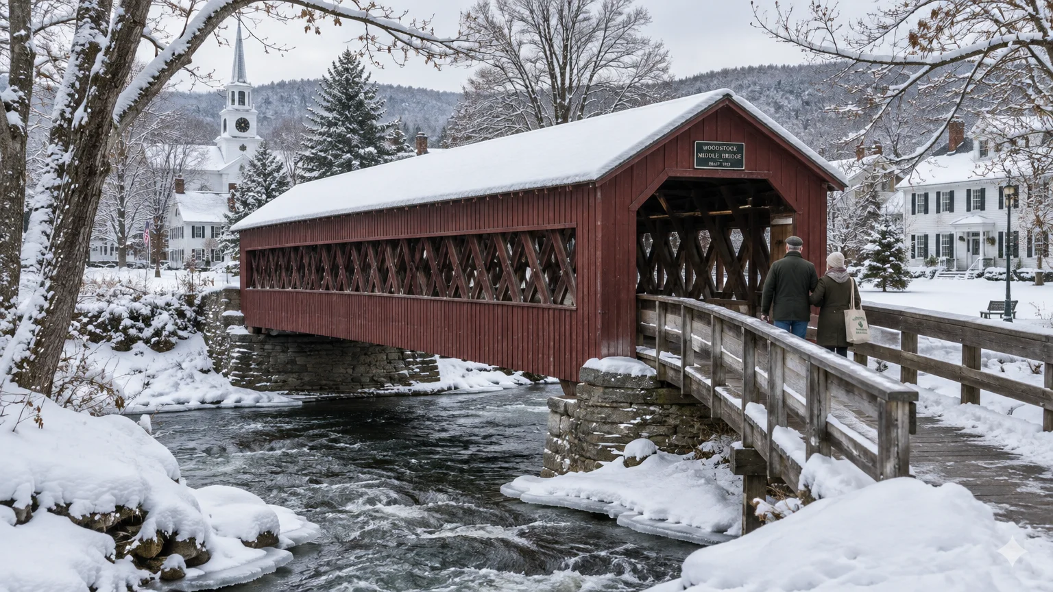 A couple walks through the snow-covered red Middle Bridge over a flowing river in Woodstock, Vermont.