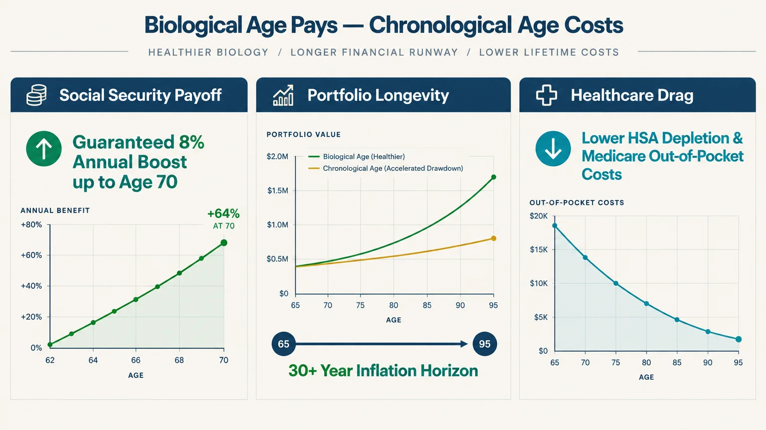 Three-panel financial infographic comparing Social Security benefits, portfolio longevity, and healthcare costs by age.
