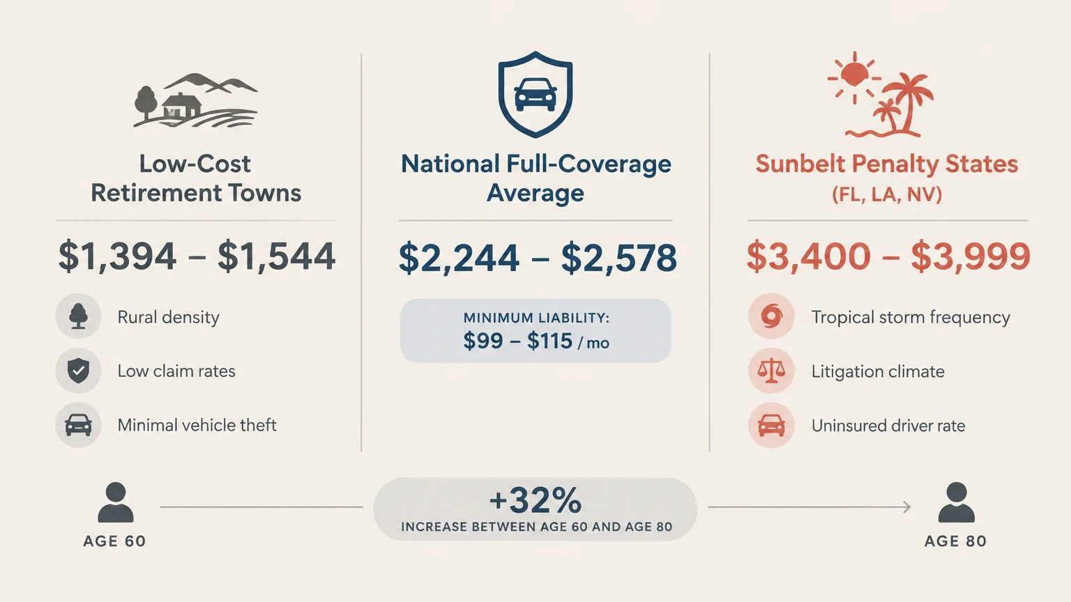 Infographic comparing car insurance costs between low-cost retirement towns, national averages, and Sunbelt penalty states.