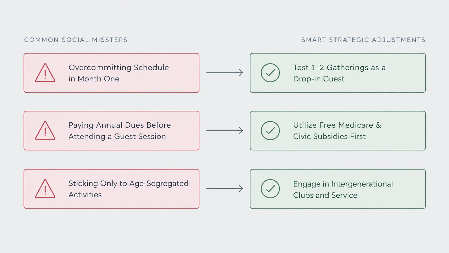 Diagram contrasting common social missteps with smart strategic adjustments using red warning icons and green checkmarks.