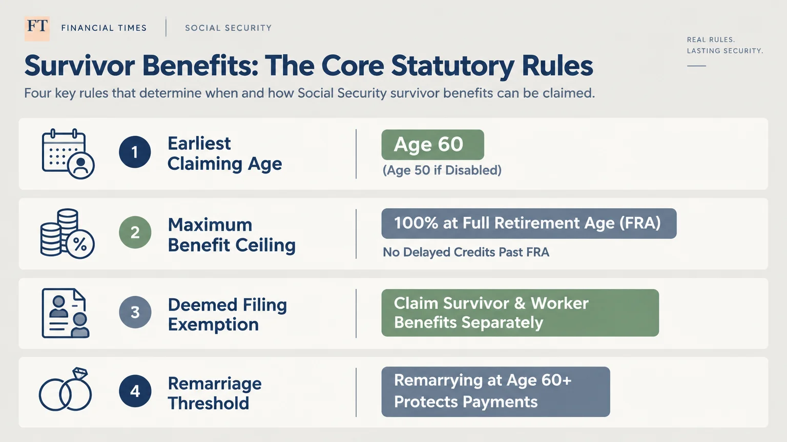 Infographic listing four core rules for survivor benefits: claiming age, benefit ceiling, deemed filing, and remarriage.