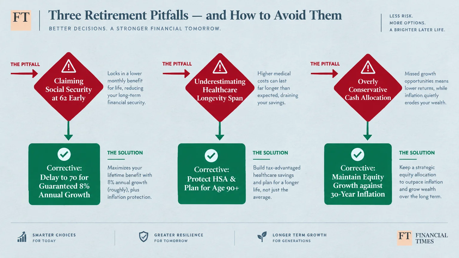 Infographic showing three retirement pitfalls in red diamonds paired with corresponding corrective solutions in green boxes.