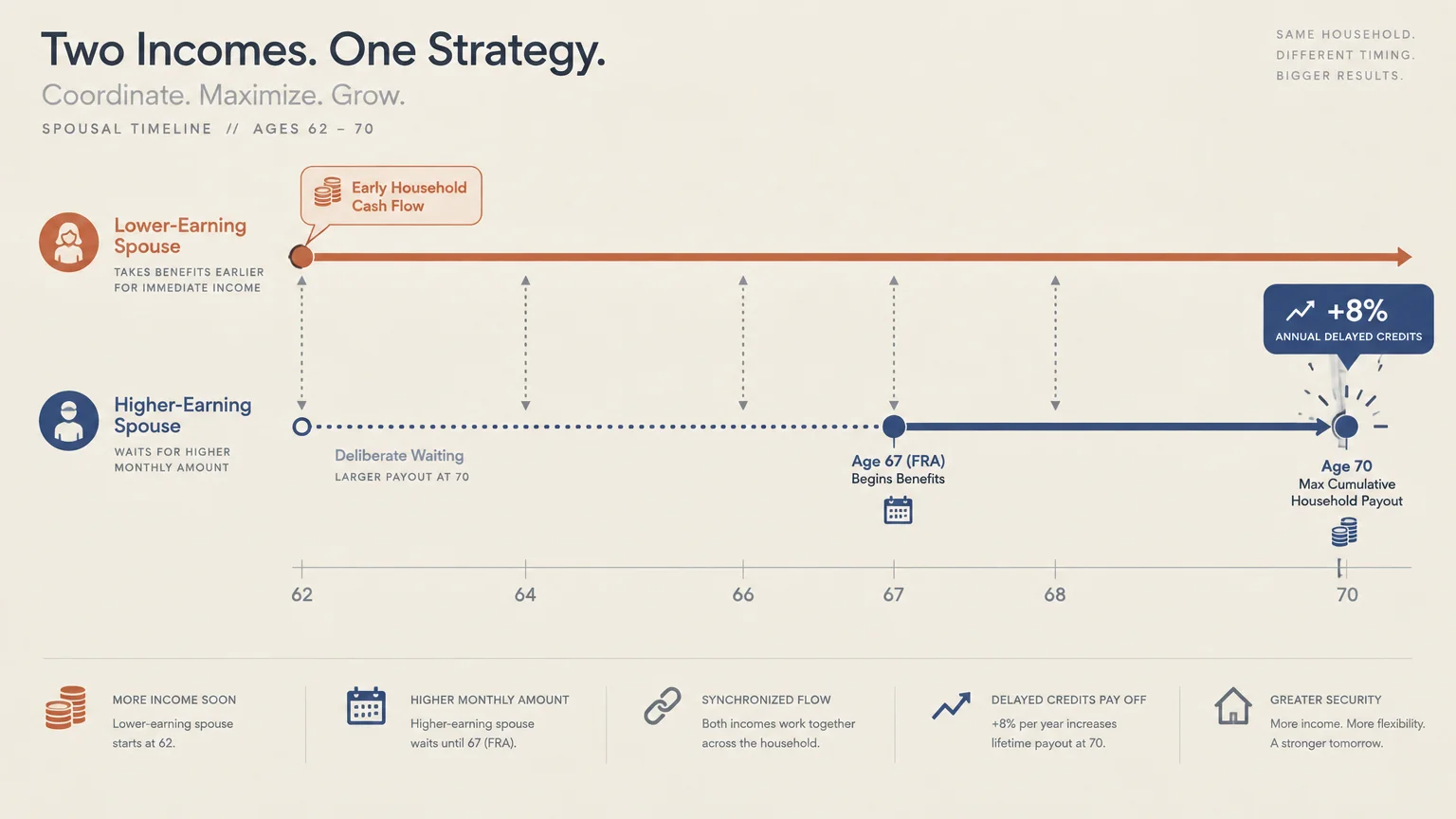 Timeline diagram contrasting a lower-earning spouse claiming early against a higher earner delaying benefits to age 70.